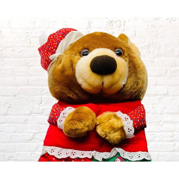 Vintage 1980s Christmas Stocking 21" Smithy Brown Teddy Bear Plush Quilted - Picture 3 of 14